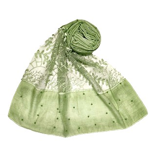 Net hijab with moti and diamond work - Green